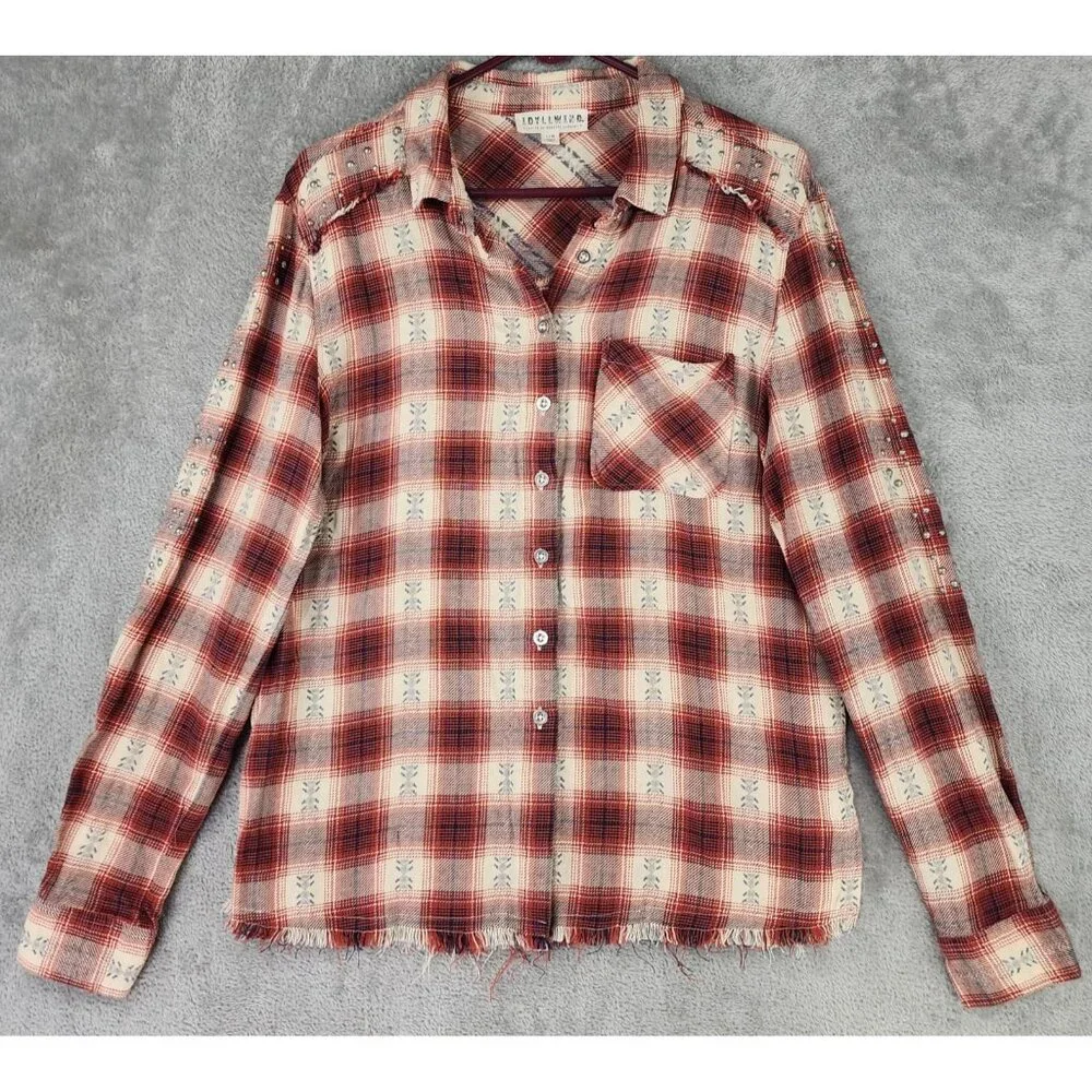 Idyll Wind Shirt Womens Large Red Cream Plaid Flannel Beaded Fringed Western Top - Picture 1 of 14